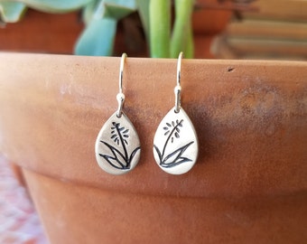 Large Drops - Aloe Succulent Earrings - Sterling Silver -  Native American Handmade - Southwest Style, Sonoran Desert, Signed