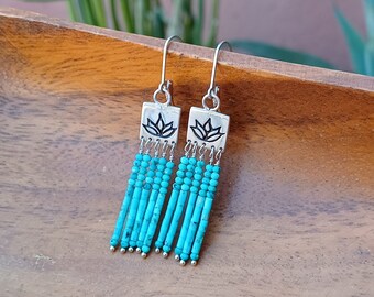 Agave Turquoise Fringe Earrings - Sterling Silver - Native American Handmade - Southwest Style, Signed, Kingman Turquoise Heishi, Campitos