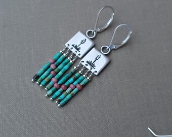 NEW - Yucca, Sotol Turquoise Fringe Earrings - Sterling Silver - Turquoise - Native American Handmade , Signed, Elisa Turquoise