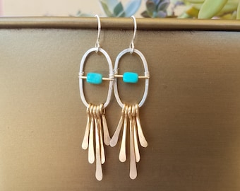 NEW - Turquoise and Mixed Metal Fringe earrings - 14kt Gold-fill and Sterling Silver - Southest Desert Inspired, Native American Handmade