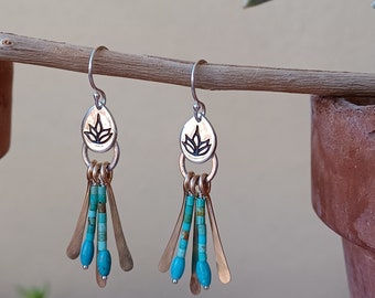 Agave Fringe Turquoise Earrings - Desert - Southwestern - Yaqui Native American - Sterling Silver with 14kt Gold-Filled Fringe - Mixed Metal