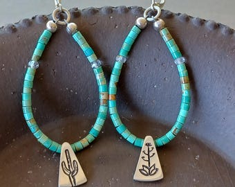 Hand Carved Sterling Silver Agave Jacla Earrings: Saguaro, Century Plant, Natural Elisa Turquoise, Native American Made, Yaqui Tribe, Signed