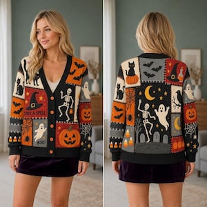 May include: A long-sleeve button-down cardigan featuring a patchwork design of Halloween motifs including black cats, pumpkins, skeletons, ghosts, bats, and spiderwebs. The front includes the text CAST A SPELL and BOO in a multi-colored print.