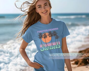 Forever Chasing Sunsets Shirt, Retro Sunset Comfort Colors Tee, Beach Vibes Aesthetic Summer T-Shirt, Pastel Palm Tree Graphic Shirt