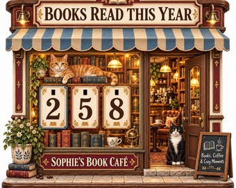May include: A miniature bookstore display titled BOOKS READ THIS YEAR with a blue and white striped awning. It features an orange tabby cat on a shelf, a black and white cat by the door, and a sign reading SOPHIE'S BOOK CAFE and Books, Coffee & Cozy Moments.