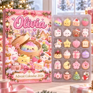 May include: A pink advent calendar box labeled Olivia Advent Calendar 2026 featuring a festive winter scene with a dumpling in a steamer, alongside a clear plastic tray containing twenty-four small, colorful, character-themed charms.