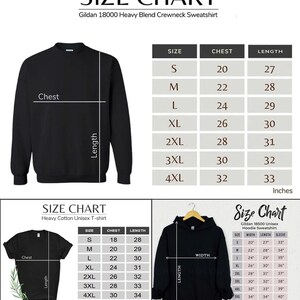 May include: Size chart for Gildan 18000 Heavy Blend Crewneck Sweatshirt and Gildan 18500 Unisex Hoodie Sweatshirt. The chart shows the chest and length measurements in inches for sizes S through 4XL. The hoodie chart also includes sleeve length.