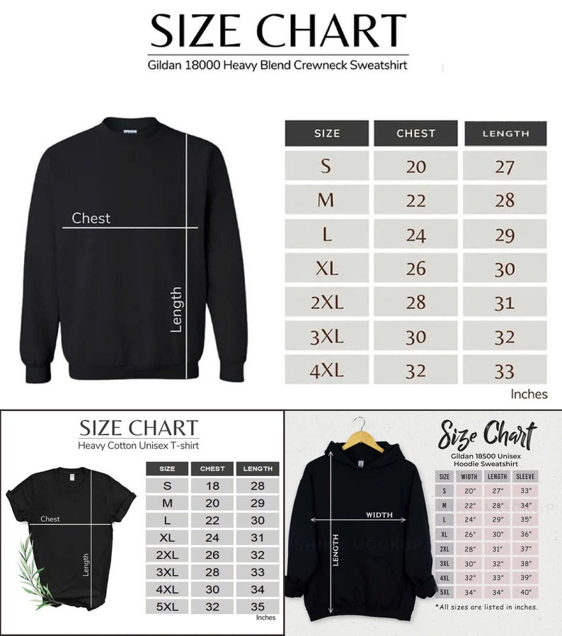 May include: Size chart for Gildan 18000 Heavy Blend Crewneck Sweatshirt and Gildan 18500 Unisex Hoodie Sweatshirt. The chart shows the chest and length measurements in inches for sizes S through 4XL. The hoodie chart also includes sleeve length.