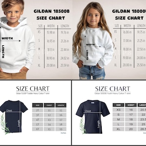 May include: Two size charts for Gildan 185008 and Gildan 18000B t-shirts. The charts show the width and length measurements in inches for different sizes, including XS, S, M, L, and XL. The charts also include a description of the t-shirt material, which is heavy cotton.