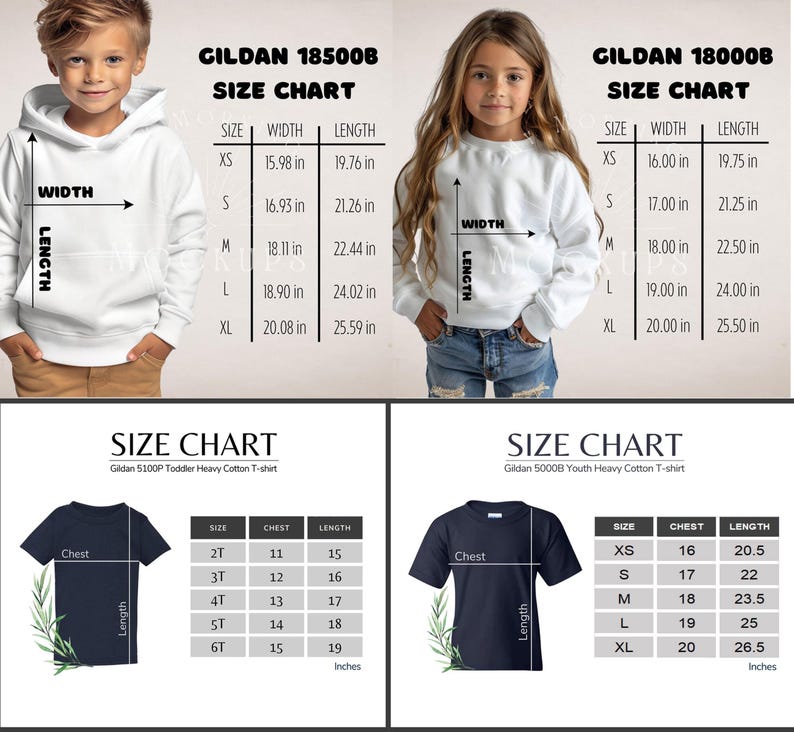 May include: Two size charts for Gildan 185008 and Gildan 18000B t-shirts. The charts show the width and length measurements in inches for different sizes, including XS, S, M, L, and XL. The charts also include a description of the t-shirt material, which is heavy cotton.