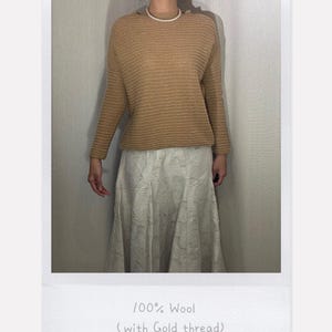 100% Wool Festive Party Boat Neck Knit Top with Gold Lurex Thread Sparkle Luxury Sweater – Camel Beige, Lightweight (OneSize fits XS-M)