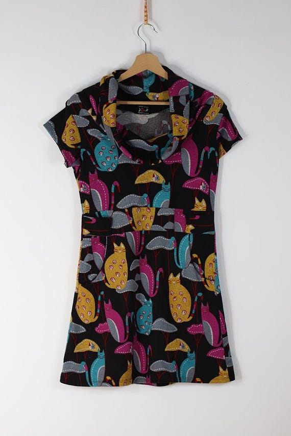 retro cat print dress Contro Corrente Cat Print Cowl Neck Dress – Whimsical Retro Style