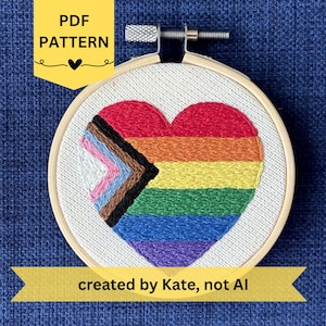 Progress Pride Flag Heart Hand Embroidery Pattern: LGBTQ Love (PDF Digital Download)