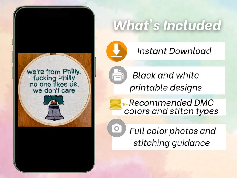 What's Included. Instant download. Black and white printable designs. Recommended DMC colors and stitch types. Full color photos and stitching guidance.