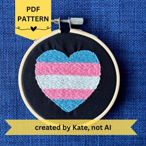 Trans Pride Flag Heart Hand Embroidery Pattern: Beginner, Mini Hoop (PDF Digital Download)