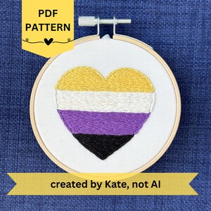 Nonbinary Pride Flag Heart Hand Embroidery Pattern Beginner (PDF Digital Download)