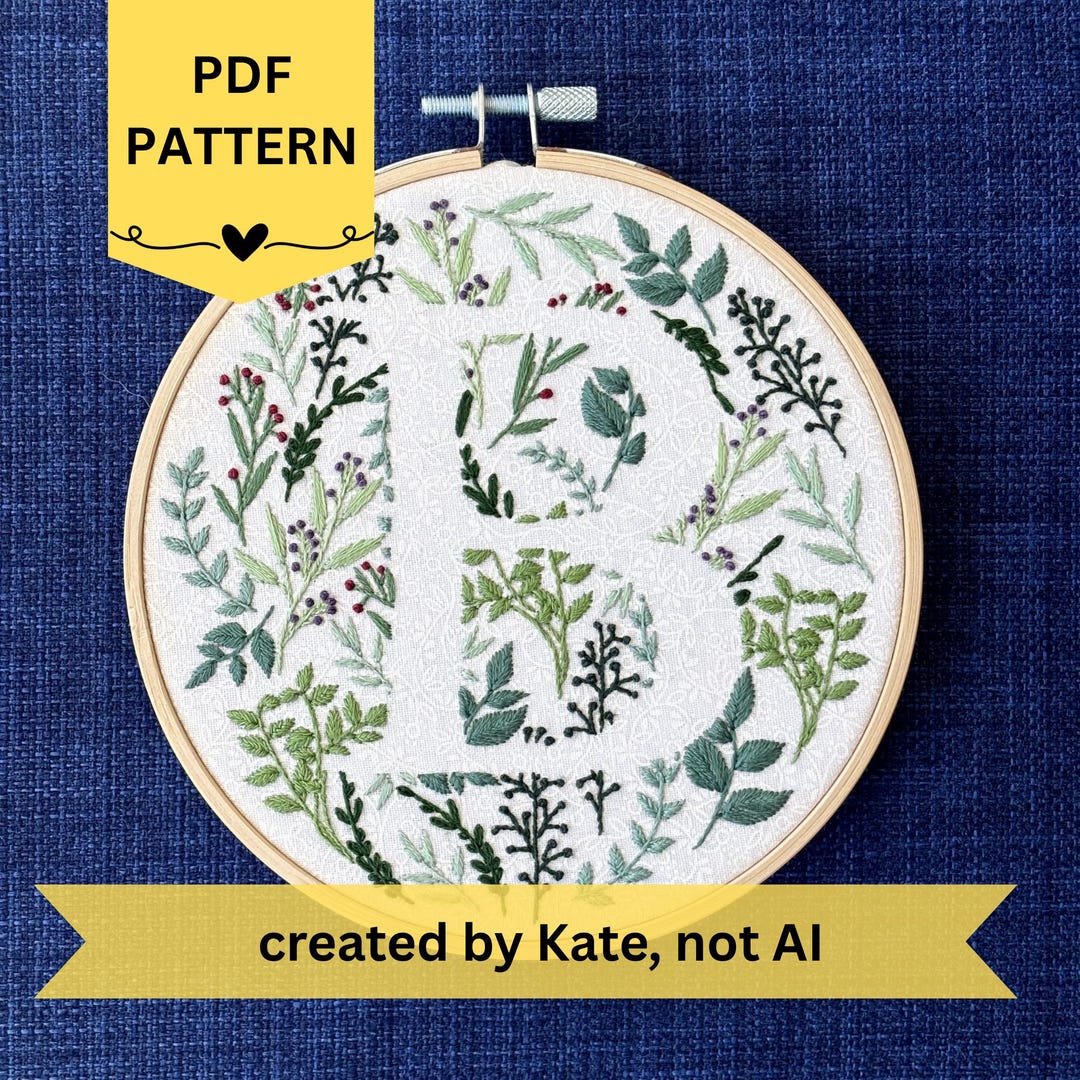 Alphabet Hand Embroidery Pattern: Letter B Monogram, Green Meadow ...