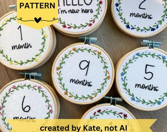 Ensemble de modèles de broderie à la main pour débutants sur les étapes importantes de bébé : de la naissance à 12 mois, accessoires photo (PDF)
