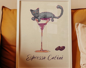 Impresión de Espresso Catini, arte de Martini de gato dibujado a mano, decoración de cafetería (descarga digital)