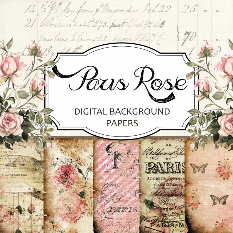 Digital Paper - Digital Kit 'Paris Rose' - Coordinates Pack 2, Great for Scrapbooking, Journals, Card Making and Mixed Media Projects 