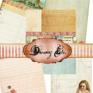 Op de afbeelding: Een digitale collage van vintage-stijl papieren met een roze en wit gestreept lint, een roze en wit geruit patroon en een blauw en wit gestreept patroon. De papieren hebben een verweerde look en bevatten tekst zoals "Buttons 10c" en "Dreamz Etc."