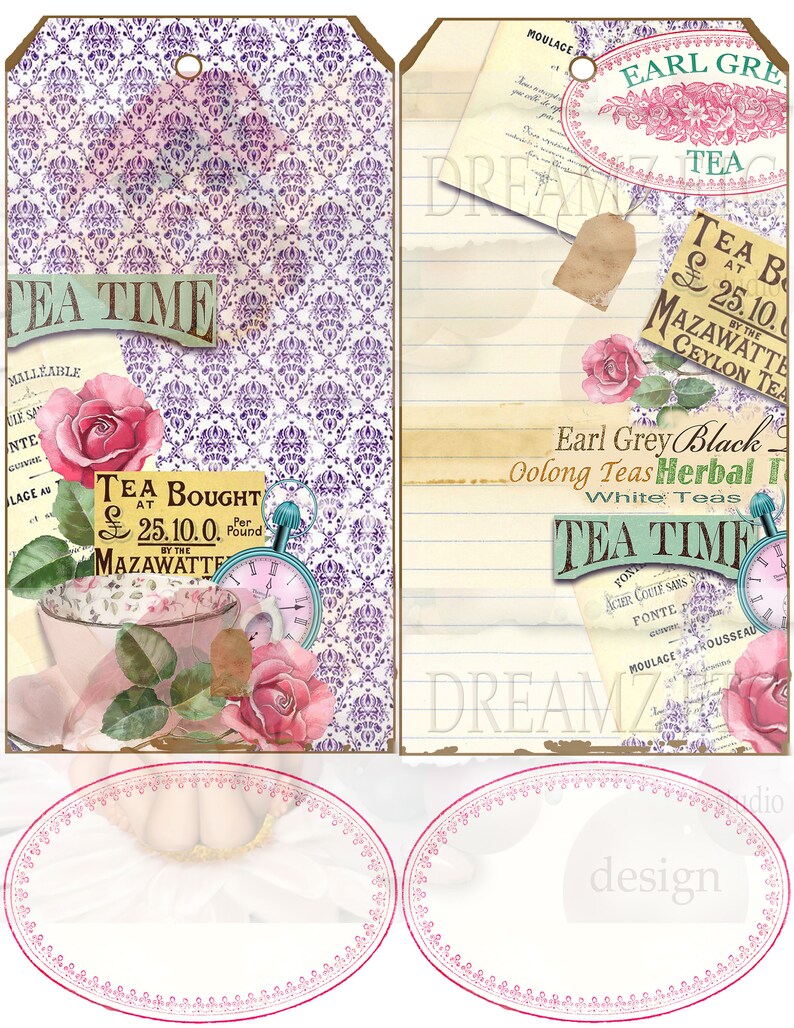 Puede incluir: Dos etiquetas de regalo imprimibles con un tema de hora del t&eacute;. La etiqueta de la izquierda presenta un patr&oacute;n de damasco morado y blanco, una taza de t&eacute;, una tetera y un reloj. La etiqueta de la derecha presenta una nota manuscrita, una bolsita de t&eacute; y una rosa. Ambas etiquetas tienen el texto "Tea Time" y "Dreamz Design".