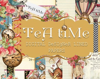 Digital Paper - Digital Journal Kit "Tea Time - PART 2" - Digital Designer Lined Paper Pack - Alice in Wonderland Theme