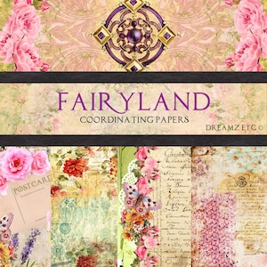 Puede incluir: Un paquete de papeles digitales con una estética vintage que presenta patrones florales, mariposas y texto escrito a mano. El título "Fairyland Coordinating Papers" se muestra en la parte superior de la imagen. Los papeles son ideales para scrapbooking, creación de tarjetas y otras manualidades de papel.