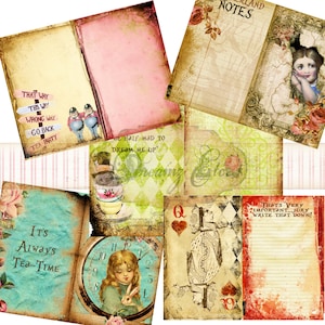 Thème d'Alice au pays des merveilles - Papier numérique - Carnet numérique « Tea Time » - Lot de 2