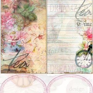 Puede incluir: Dos etiquetas de regalo de estilo vintage con un tema de t&eacute;. La etiqueta de la izquierda presenta una taza de t&eacute;, una tetera y un reloj de bolsillo con rosas y patrones florales. La etiqueta de la derecha tiene un fondo rayado con las palabras "DREAMZ Tea Time" y un reloj de bolsillo. Ambas etiquetas tienen un aspecto desgastado y envejecido.