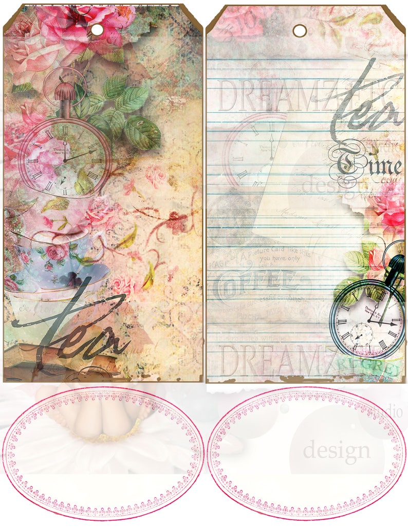Puede incluir: Dos etiquetas de regalo de estilo vintage con un tema de t&eacute;. La etiqueta de la izquierda presenta una taza de t&eacute;, una tetera y un reloj de bolsillo con rosas y patrones florales. La etiqueta de la derecha tiene un fondo rayado con las palabras "DREAMZ Tea Time" y un reloj de bolsillo. Ambas etiquetas tienen un aspecto desgastado y envejecido.