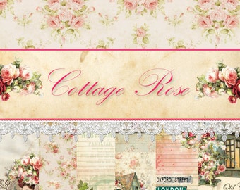 Könnte beinhalten: Ein digitales Collage-Blatt mit Vintage-Ästhetik, das ein Blumenmuster, eine Spitzenborte und den Text "Collage Rose" zeigt. Das Blatt enthält verschiedene Bilder, darunter ein Haus, Blumen und Text, der "CAMDEN", "OXFORD STREET", "LONDON", "LONDON BOROUGH OF ISLINGTON", "CAMDEN PASSAGE NI" und "Old Ch" lautet.
