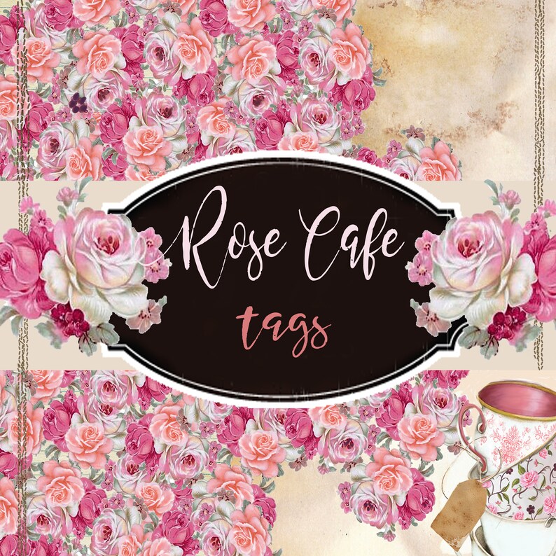 Puede incluir: Un conjunto de etiquetas de regalo imprimibles con un dise&ntilde;o floral con rosas rosas y blancas. El texto "Rose Cafe tags" est&aacute; escrito en cursiva sobre un fondo negro.