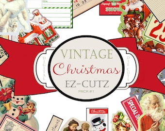 May include: A collection of vintage Christmas digital die cuts. The die cuts feature images of Santa Claus, reindeer, snowmen, a gingerbread house, and a calendar. The die cuts are perfect for scrapbooking, card making, and other craft projects.