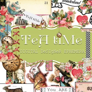 Digital Paper - Digital Journal Kit &quot;Tea Time - PART 2&quot; - Digital Designer Ephemera Pack - Alice in Wonderland Theme