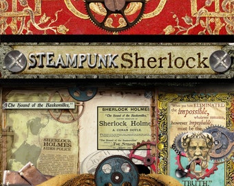 Papel Digital - Ilustrações Digitais "Steampunk Sherlock" - Páginas de Diário, Scrapbooking, Confecção de Cartões - Tema Sherlock Holmes