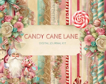 Christmas Paper Digital Journal Kit "Candy Cane Lane" -  Christmas Paper and Ephemera Pack