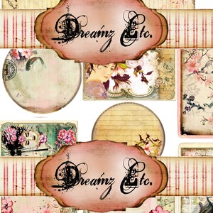 Peut inclure: Un collage numérique de papiers vintage avec des motifs floraux roses et blancs, avec le texte "Dreamz Etc." dans une police de caractères stylisée. Le collage comprend des papiers de différentes formes et tailles, certains avec des motifs de grille et d'autres avec des motifs floraux.