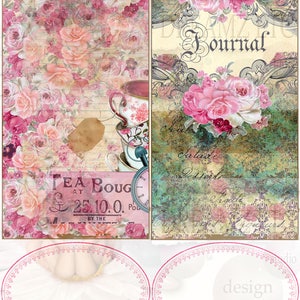 Puede incluir: Dos etiquetas de regalo de estilo vintage con dise&ntilde;os florales. La etiqueta de la izquierda presenta una taza de t&eacute; y un platillo, un reloj y el texto "Tea Boug at 25.10.0. Pou by the". La etiqueta de la derecha presenta un dise&ntilde;o floral y el texto "Journal". Ambas etiquetas tienen un espacio ovalado en blanco con un borde floral rosa.