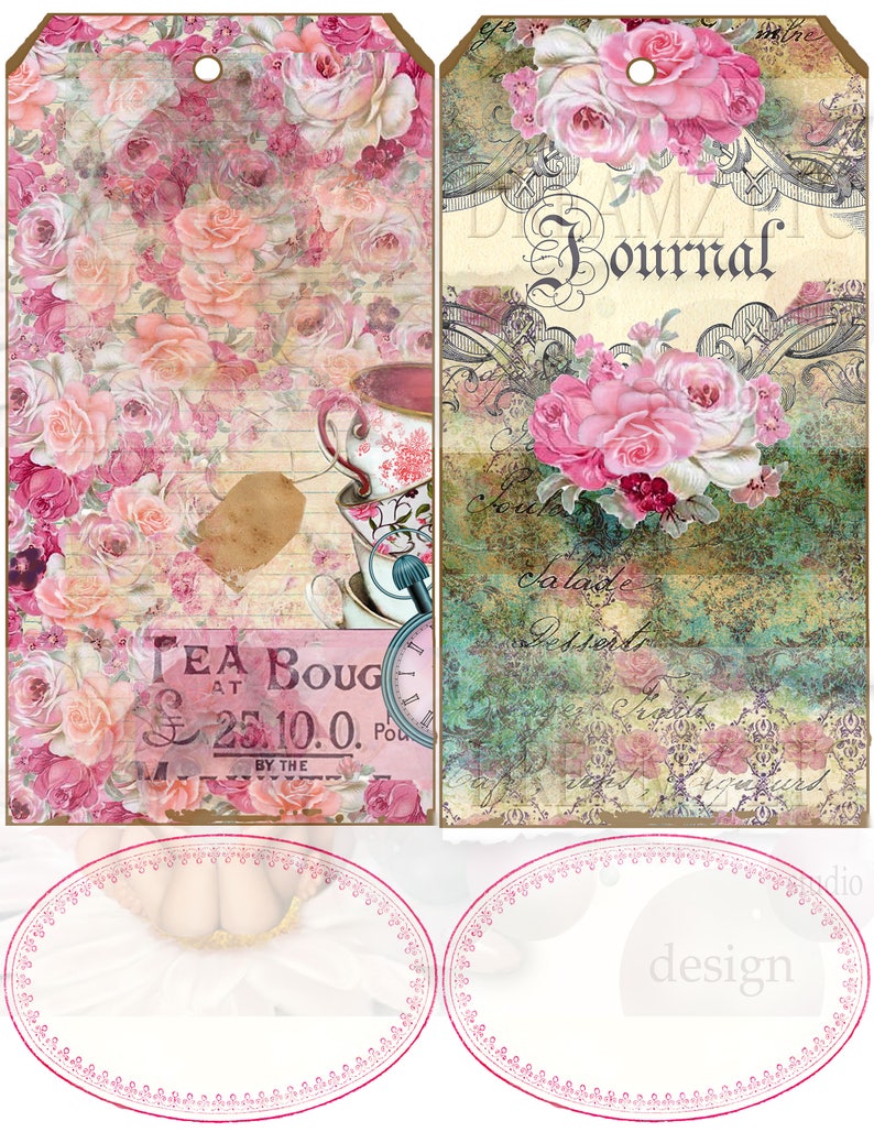 Puede incluir: Dos etiquetas de regalo de estilo vintage con dise&ntilde;os florales. La etiqueta de la izquierda presenta una taza de t&eacute; y un platillo, un reloj y el texto "Tea Boug at 25.10.0. Pou by the". La etiqueta de la derecha presenta un dise&ntilde;o floral y el texto "Journal". Ambas etiquetas tienen un espacio ovalado en blanco con un borde floral rosa.