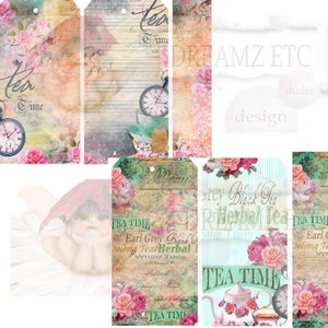 Puede incluir: Un conjunto de etiquetas imprimibles para la hora del t&eacute; con una est&eacute;tica vintage. Las etiquetas presentan dise&ntilde;os florales, teteras, relojes y el texto "Tea Time".