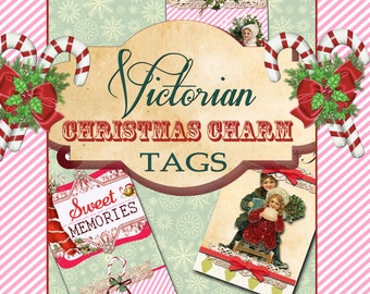 May include: Victorian Christmas Charm Tags with a pink and white striped background. The tags feature images of children, candy canes, and the text "Sweet Memories".