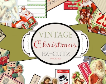 May include: A digital paper pack with a vintage Christmas theme. The pack includes images of a snowman, Santa Claus, reindeer, a Christmas calendar, a gingerbread house, and other festive elements. The text "Vintage Christmas EZ-CUTZ Pack #2" is displayed on a green banner.