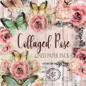 Digital Paper Journal Kit &quot;Collaged Rose&quot; - Digital Lined Paper Pack
