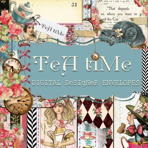 Digital Paper - Digital Journal Kit &quot;Tea Time - PART 2&quot; - Digital Designer Coordinating Paper Pack - Alice in Wonderland Theme