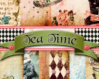 Papel Digital - Kit de Diario Digital "Hora del Té" - Kit Paquete de Papel 1, Ideal para Scrapbooking, Diarios, Fabricación de Tarjetas - Tema Alicia en el País de las Maravillas