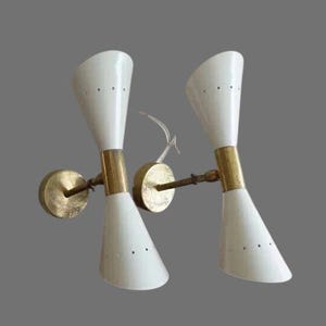 1950s Mid-Century Italian Brass Diabolo Wall Sconce Pair – 2 Bulb Light Fixtures