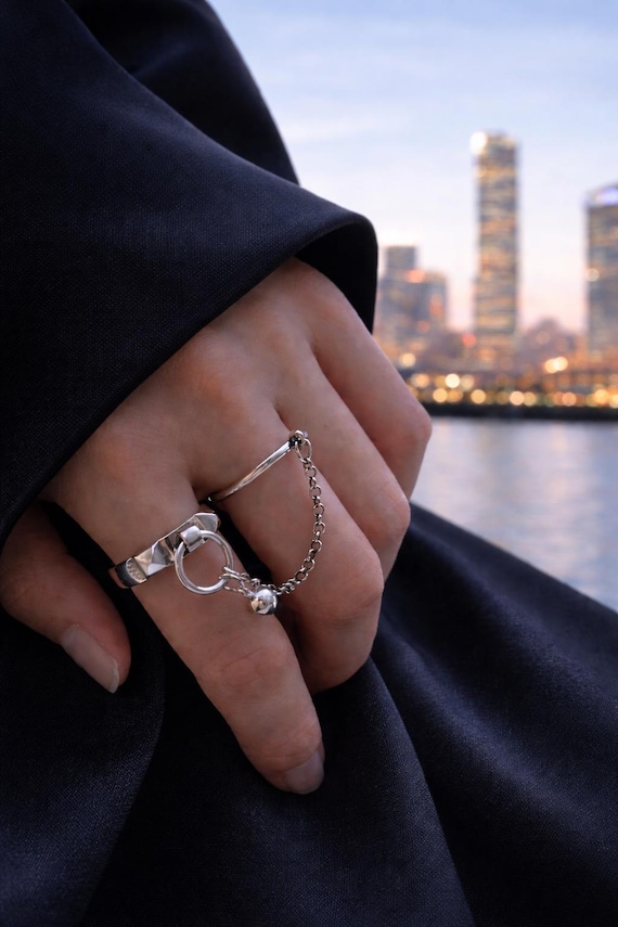 Minimalist Chain Ring – Adjustable 925 Silver Finish Dangle Band