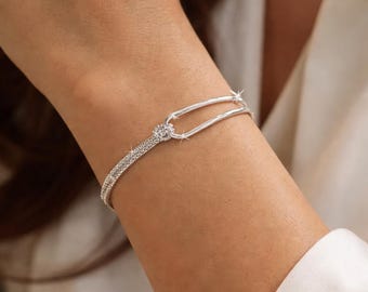 Minimalist Sterling Silver Bracelet, Elegant Double Bar, Adjustable Chain