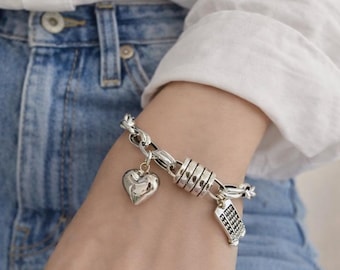 Sterling Silver Heart Charm Bracelet, Minimalist Link Chain Bracelet, Adjustable 7-7.5 Inch